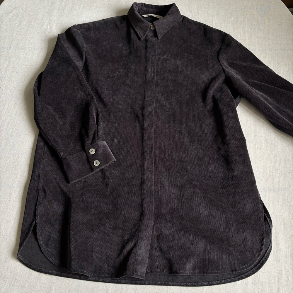 Zara Black Corduroy Oversized Button Up Shirt Women’s M Hi-Low Hem